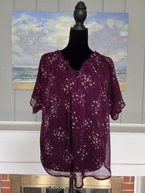 Apt. 9 Plum Floral Ruffle Scoop Neck Blouse